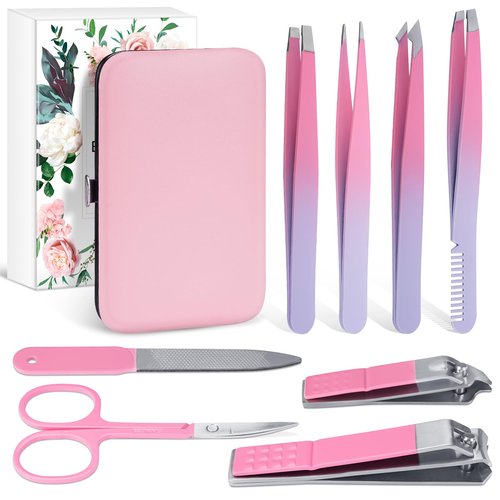 Precision Tweezers Nail Clippers Kit for Facial Hair, Lashes - Travel Case Included