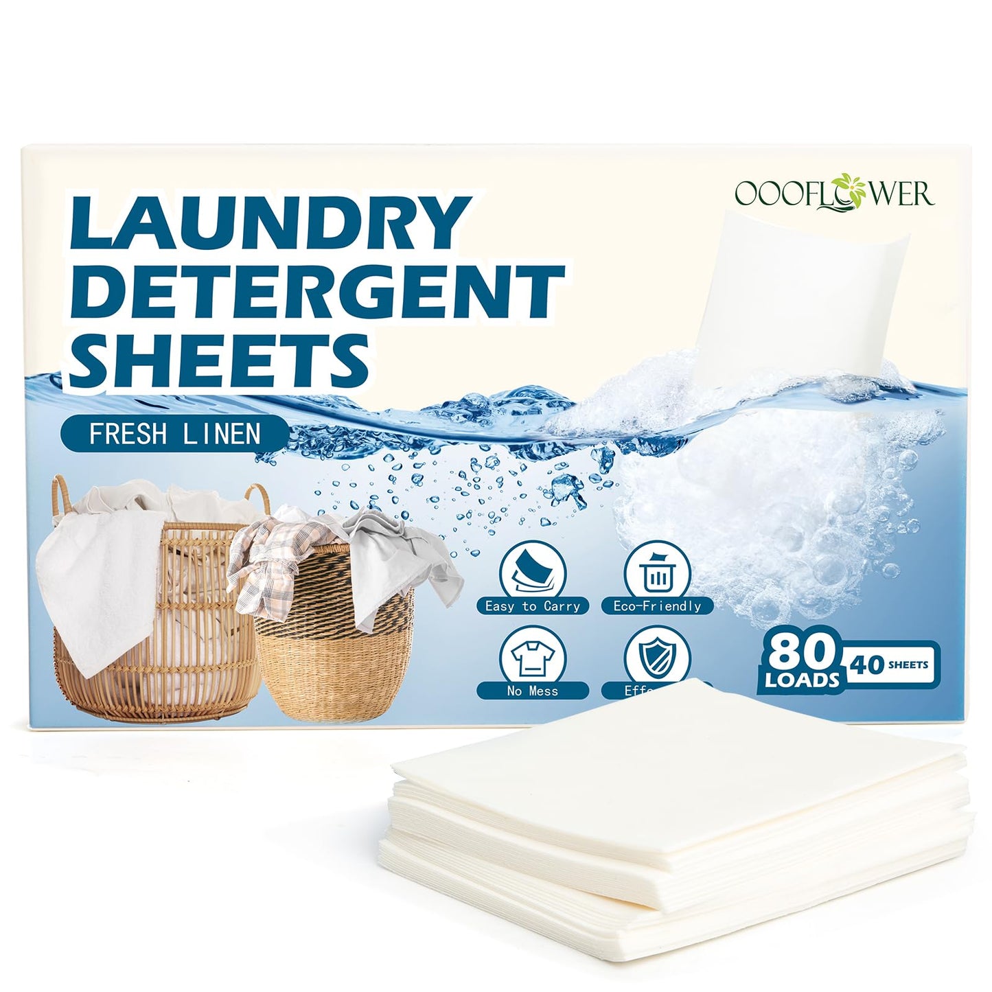 OOOFLOWER Laundry Detergent Sheets Up to 80 Loads (40 Sheets) Compact Washing Strips, Plastic-Free Liquidless Detergen, Space-Saving for Home Dorm Travel Camping, Fresh Linen