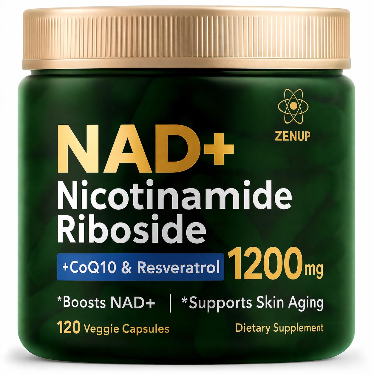 ZenUP NAD Supplement Nicotinamide Riboside Malate with CoQ10, Trans-Resveratrol & Quercetin, 1200mg Per Serving, Daily Supplement Formula, 120 Veggie Capsules, 60 Servings