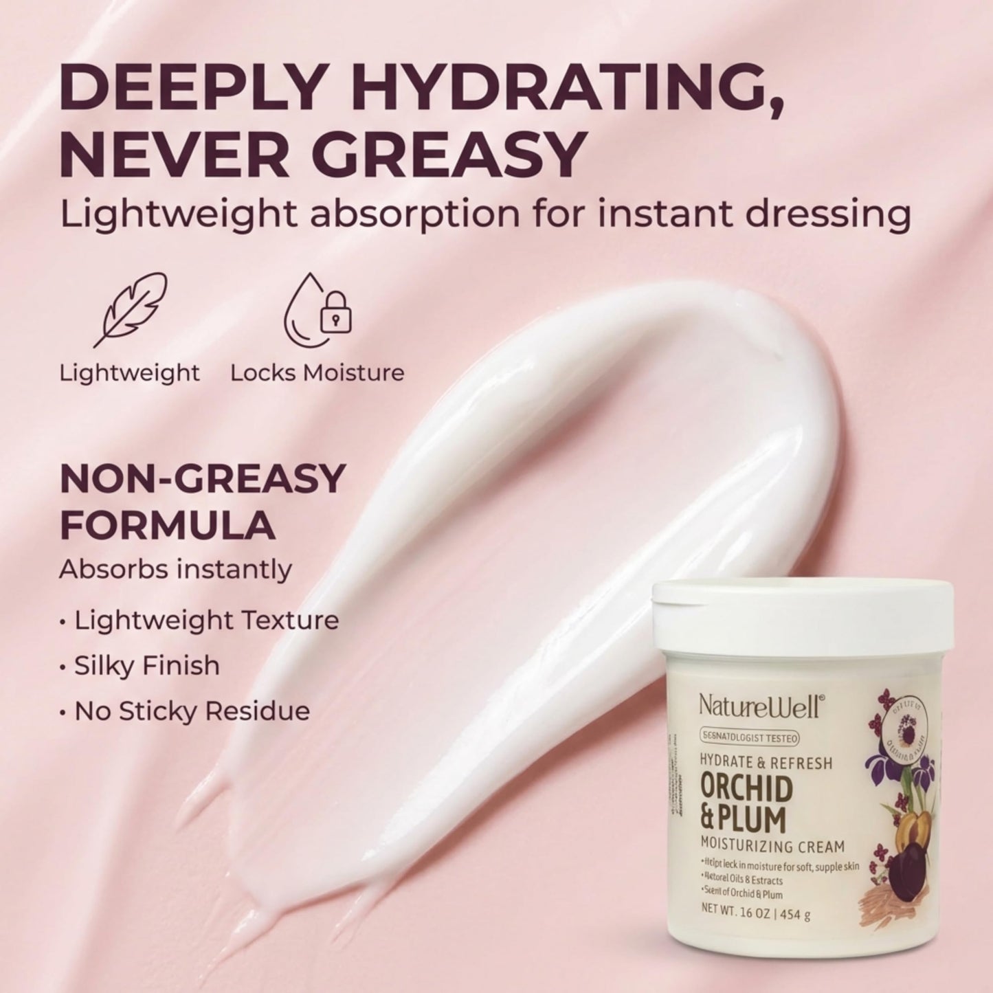 NATURE WELL Orchid & Plum Body Cream, Moisturizing Cream for Dry & Sensitive Skin, Hydrating Body Moisturizer with Natural Oils & Extracts, Orchid & Plum Fragrance, Dermatologist Tested, 16 Oz
