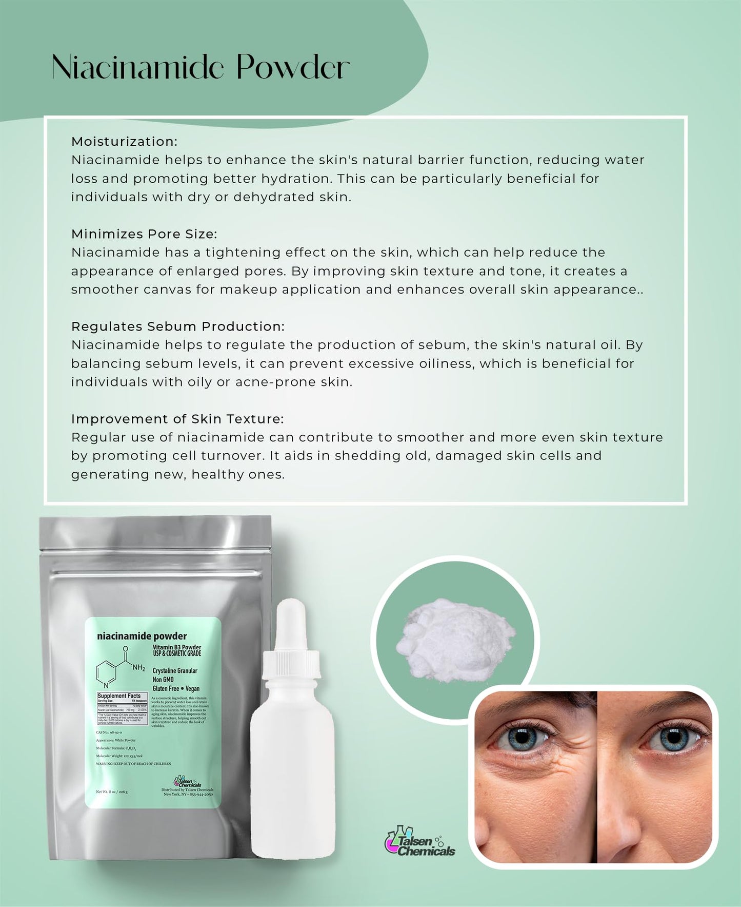 Talsen Chemicals Pure Niacinamide Powder for Skin Care (Vitamin B3) DIY Niacinamide Serum, Niacin Powder (2 Ounce / 56 Gram) Cosmetic Grade