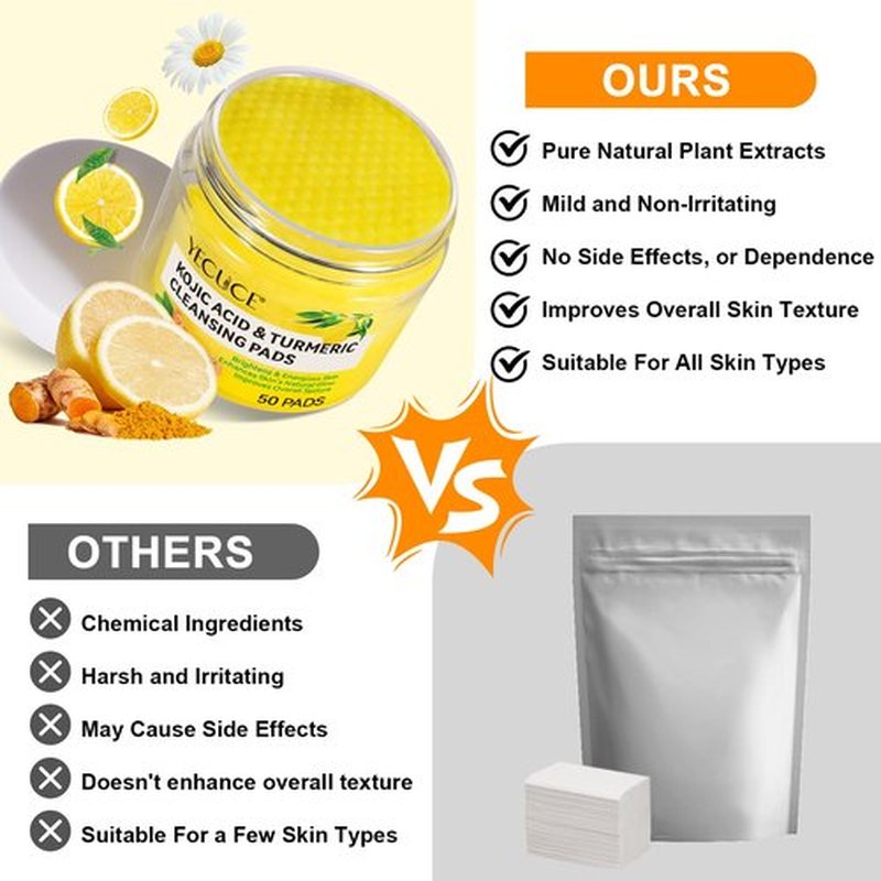 Turmeric Cleansing Pads, 50PCS Kojic Acid and Turmeric Cleansing Pads, Face Pads with Vitamin B5、Vitamin C 、Turmeric ，Remove Excess Keratin Balance Skin Oil And Water
