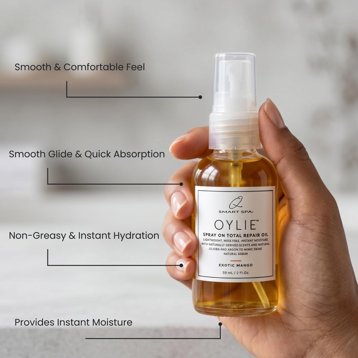 QTICA Oylie Spray On Total Repair Body Oil | Lightweight Spray Oil with Natural Jojoba & Argan Oil for Instant Moisture, Smooth Finish Deep Hydration for Soft Supple Looking Skin 2oz (Exotic Mango)