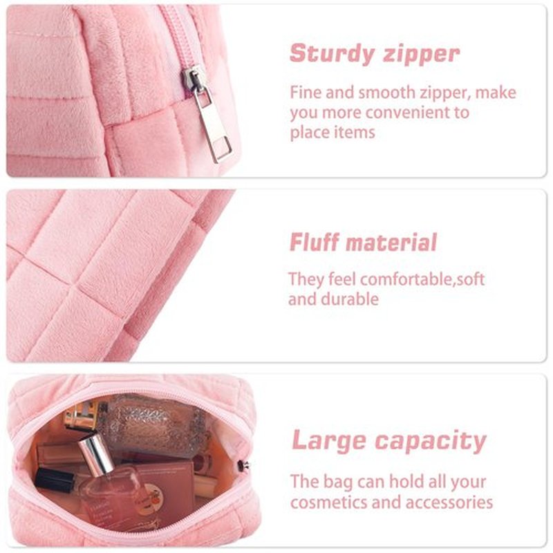 ZLFSRQ 2Pcs Makeup Bag for Women Pencil Pouch Travel Small Cosmetic Bag Set Cute Plush Pink Makeup Pouch Purse Pencil Case Pencil Bag Zippered Toiletry Bag Organizer Trendy Makeup Brushes Storage Bag