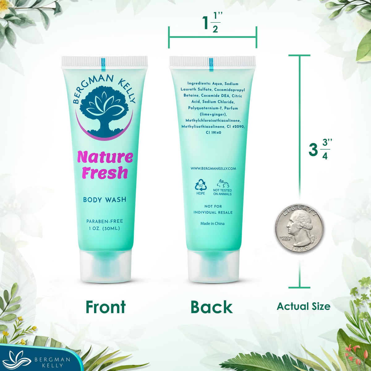 BERGMAN KELLY Travel Size Body Wash (1 fl oz, 100 PK, Nature Fresh), Delight Your Guests with a Refreshing & Soothing Hotel Body Wash, Quality Mini and Small Size Guest Hotel Toiletries in Bulk