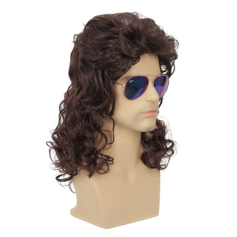 Dai Cloud Mens Mullet Wig Brown Long Curly 80s Wig Halloween Costumes Party Hair Wig for Male Guys(Dark Brown)