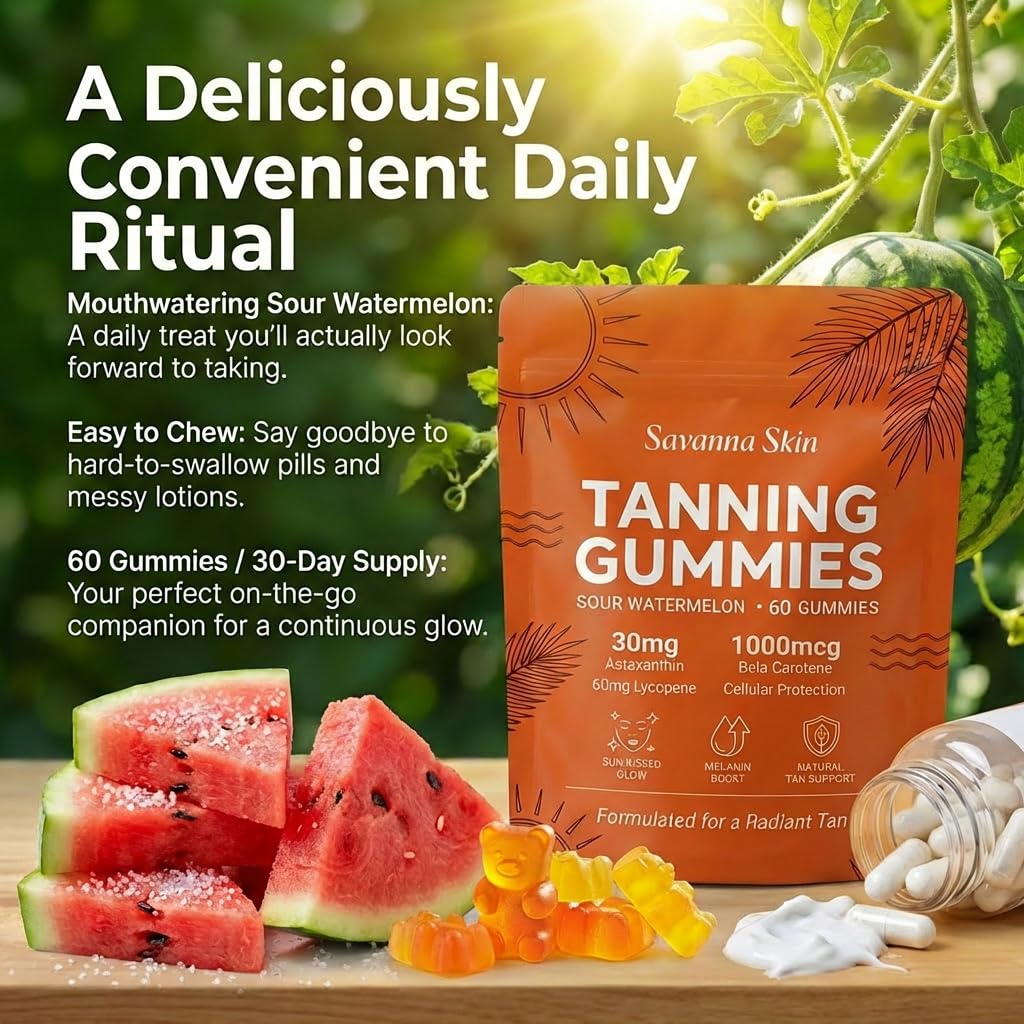 Lyva Savanna Skin Tanning Gummies - Natural Sunless Glow Supplement with Beta-Carotene & Vitamin C – 60 Vegan Gummies for a Golden, Radiant Complexion
