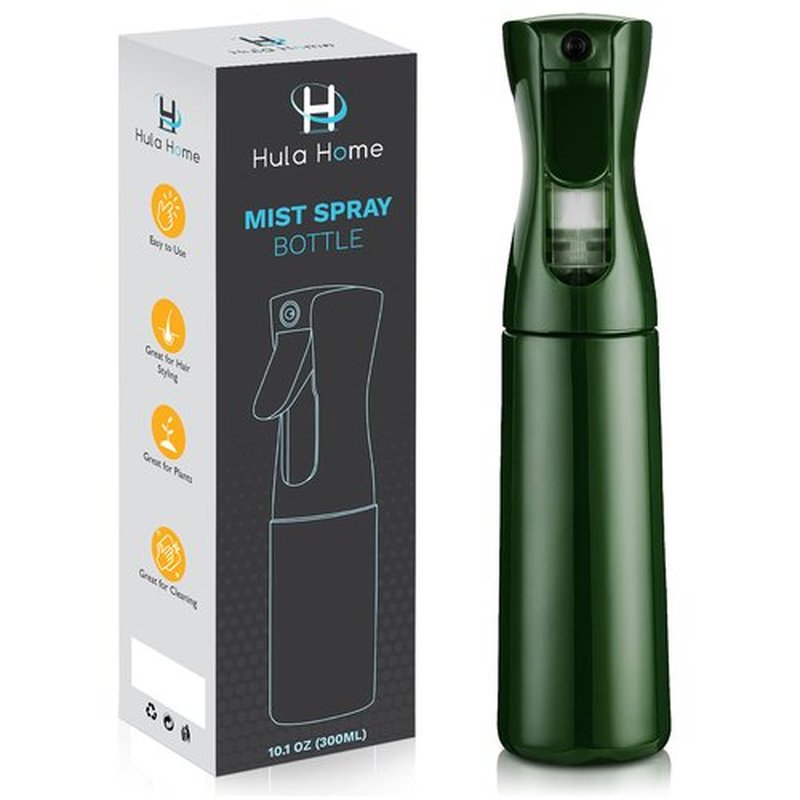 Hula Home Continuous Spray Bottle for Hair (10.1oz/300ml) Empty Ultra Fine Plastic Water Mist Sprayer – For Hairstyling, Cleaning, Salons, Plants, Essential Oil Scents & More - Green