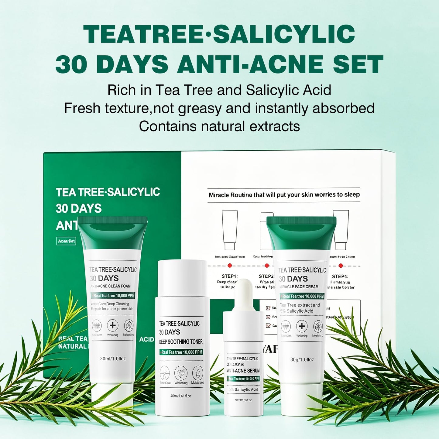 YAFUSIPE Tea Tree Salicylic Acid Facial Skin Care Set & kits, Mini Travel Size Set for Acne Prone Skin - Cystic Hormonal Acne Treatment with Face Cleanser Toner Serum Cream Moisturizer Gifts for Women