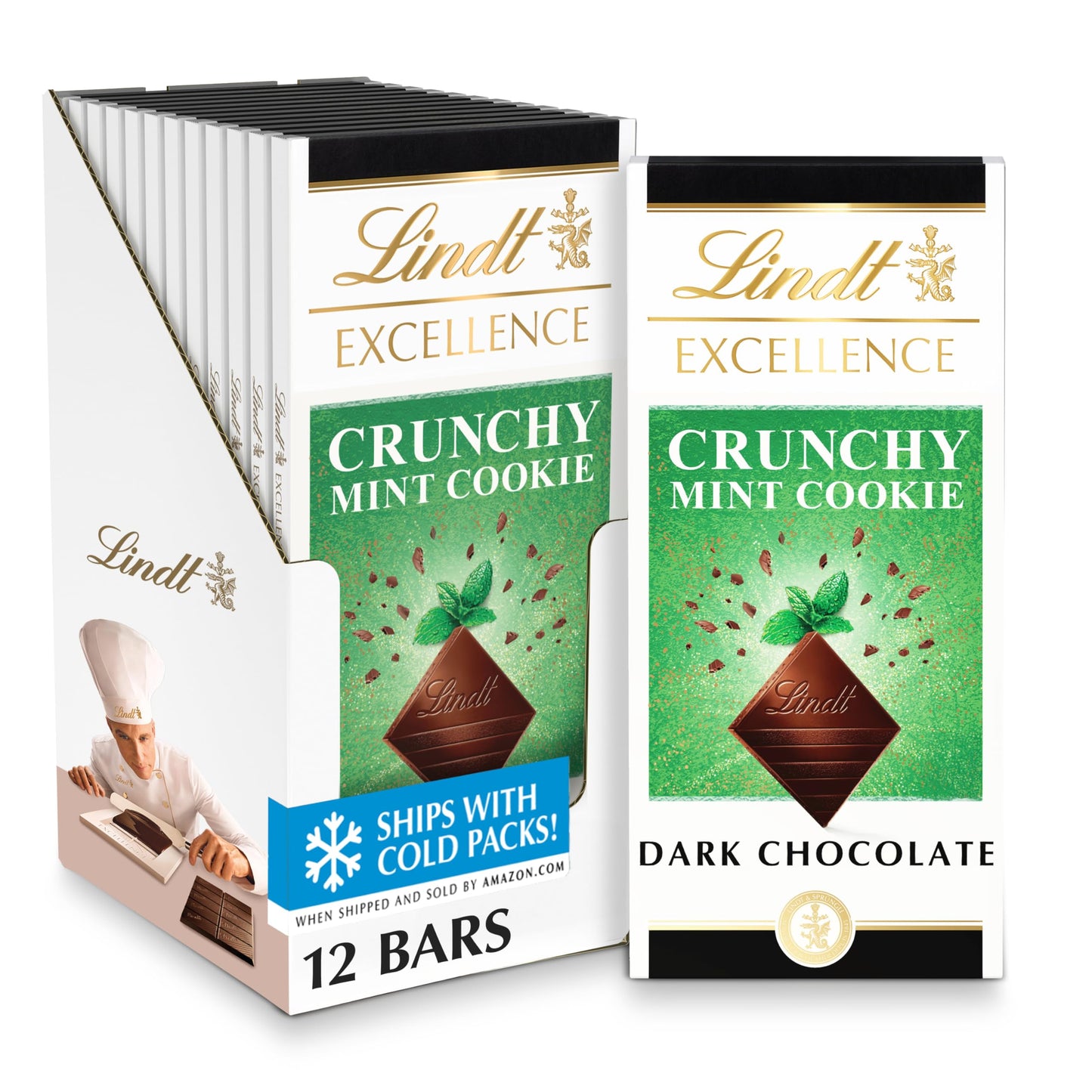 New Lindt EXCELLENCE Crunchy Mint Cookie Dark Chocolate Candy Bar, 3.5 oz., 12 Pack