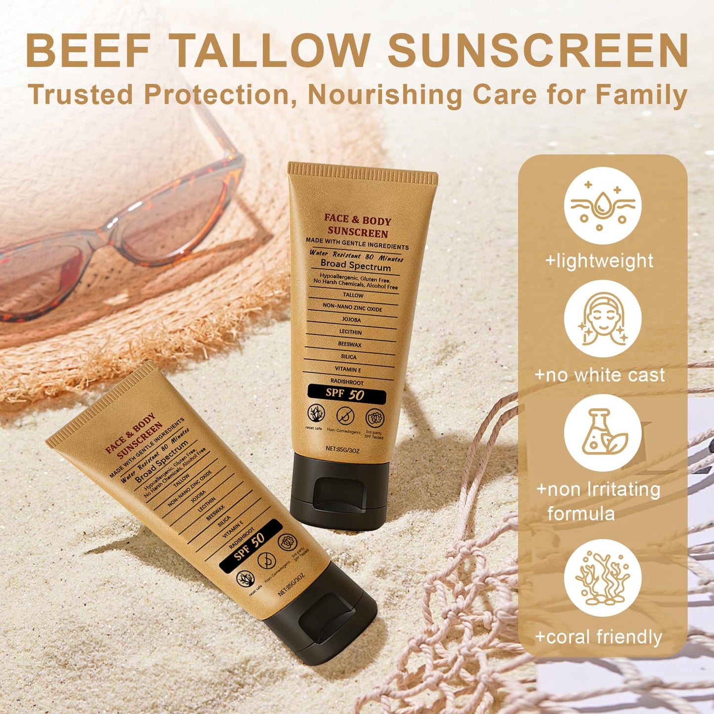 Beef Tallow Sunscreen, Natural Mineral Sunscreen for Face, SPF50 Sunblock Beef Tallow for Skin Non Greasy Clean, Anti White Cast, Moisturizing for Face and Body, Women and Men. - 3 fl.oz