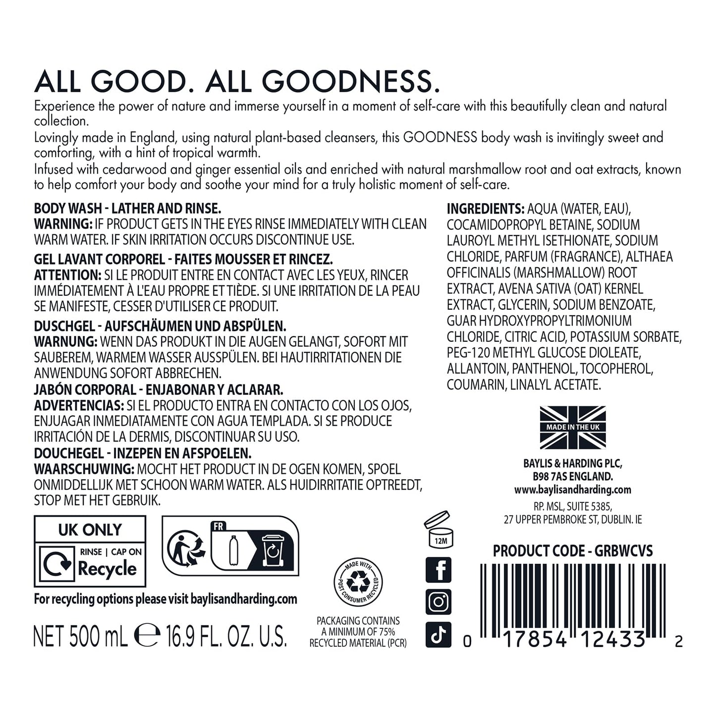 Baylis & Harding Goodness Coconut, Vanilla & Shea Natural Body Wash 16.9Fl.oz, Pack of 3 - Biodegradable Formula