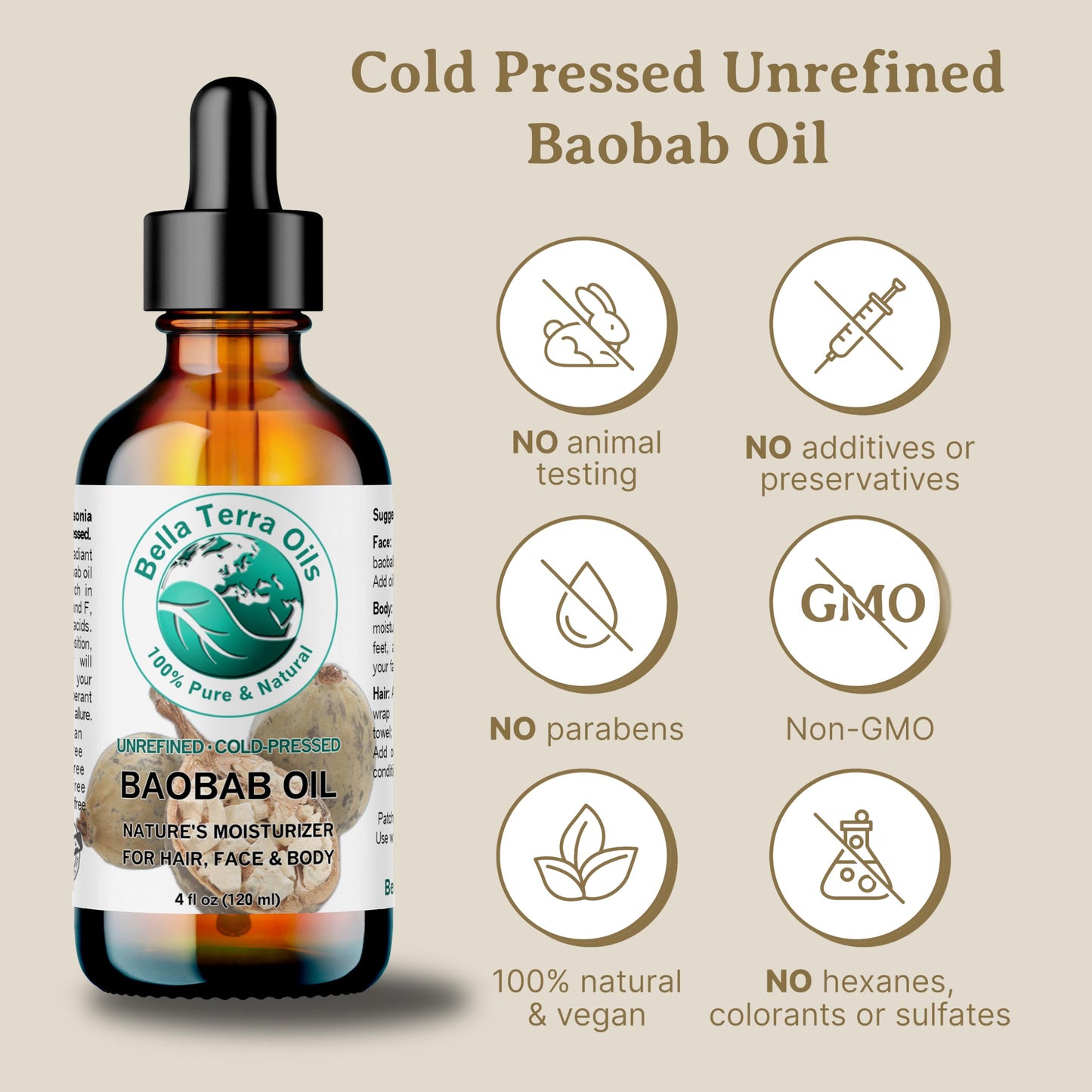 Bella Terra Oils - Baobab Oil 4 oz - Dive into the Essence of African Treasure, Abundant in Antioxidants, Best for Achieving a Silky Skin Glow