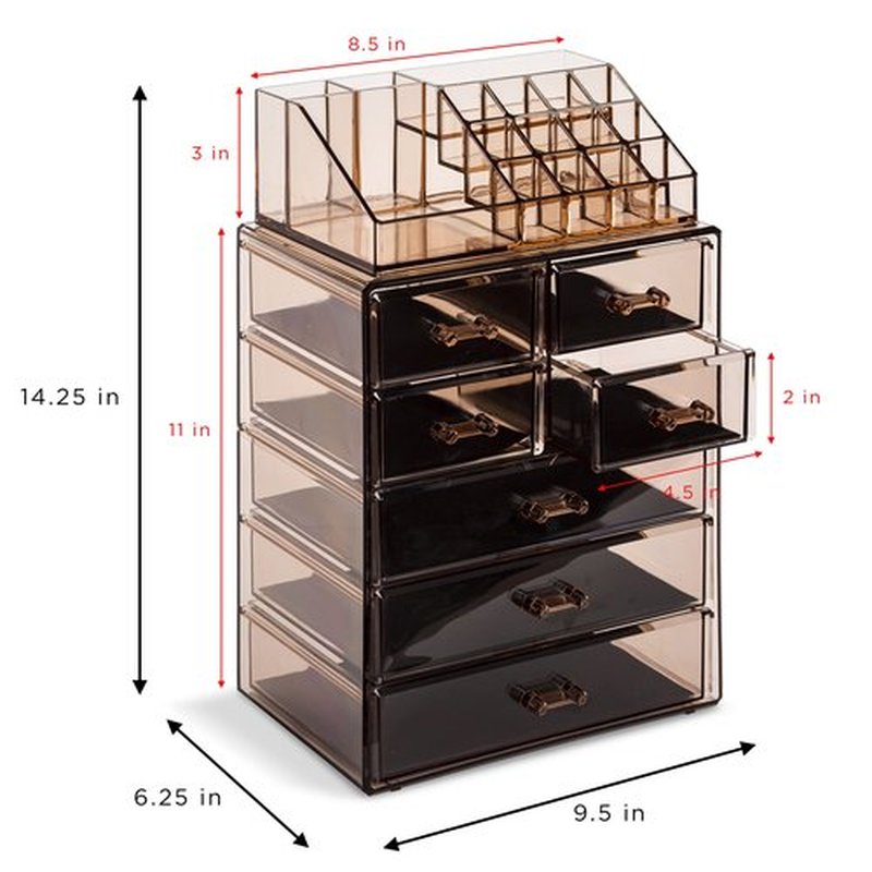 Sorbus Clear Cosmetic Makeup Organizer - Make Up & Jewelry Storage Case Display for Dresser, Bathroom, Vanity (3 Large, 4 Small Drawers, Bronze Glow)