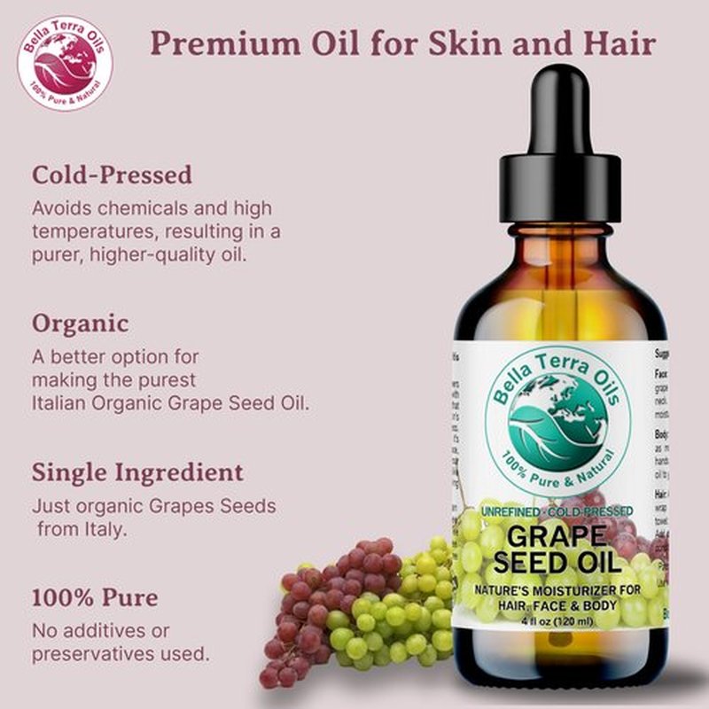Bella Terra Oils - Organic Grape Seed Oil 2 oz - Cold-Pressed, Abundant in Vitamin E & C, Linoleic Acid, Omega-6 Fatty Acids, A Luxurious Elixir for Radiant Skin