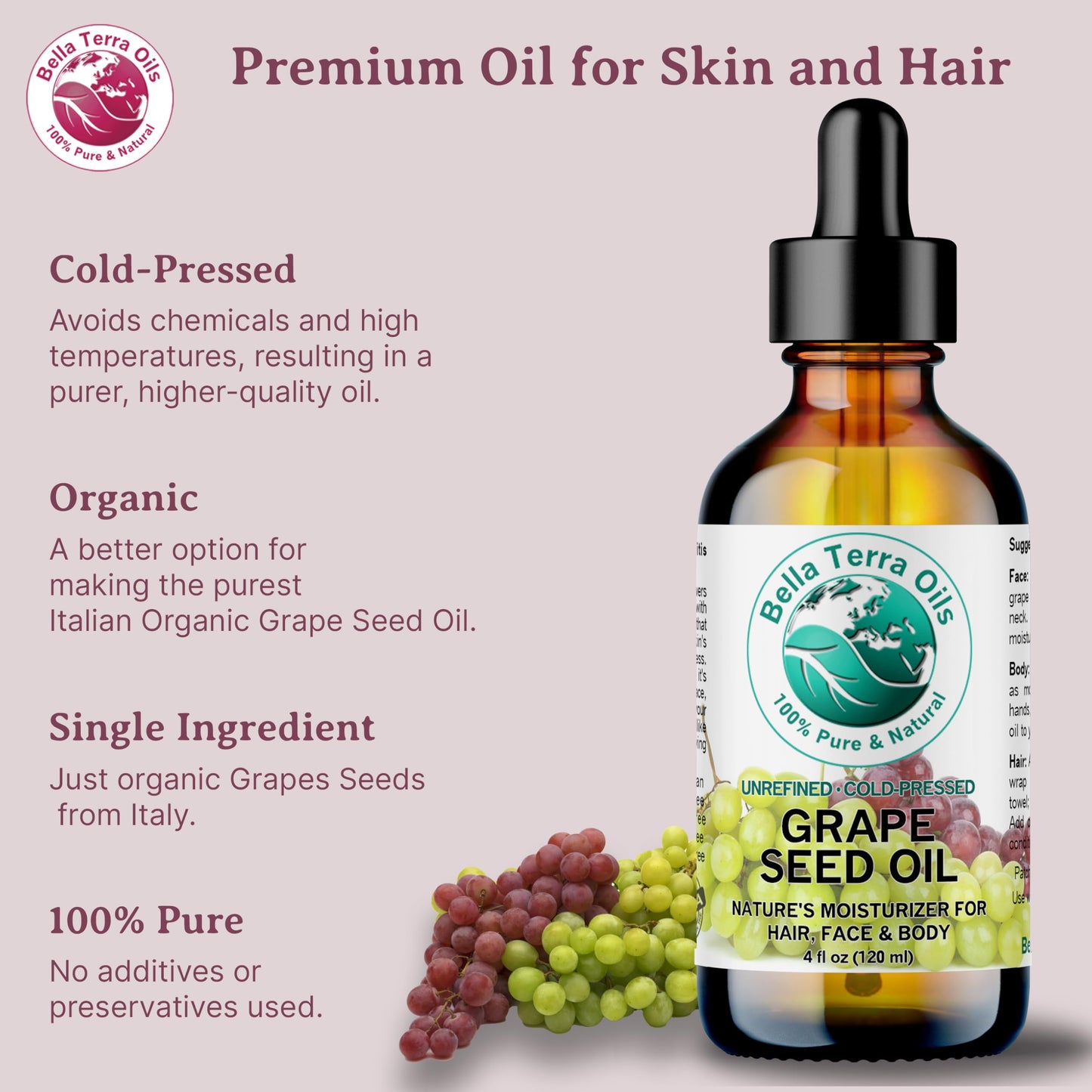 Bella Terra Oils - Natural Grape Seed Oil 8 oz - Dive into Natural Grape's Nutritional Power, Packed with Antioxidants & Omega-6, Elevate Your Skin Care Essence