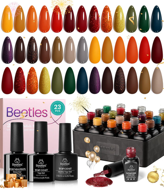 beetles Gel Polish Nail Set 20 Colors Cozy Campfire Collection Orange Yellow Green Brown Fall Winter Gel Polish Set Soak Off Uv Lamp Need Base Glossy & Matte Top Coat Manicure Kit Gift for Girls