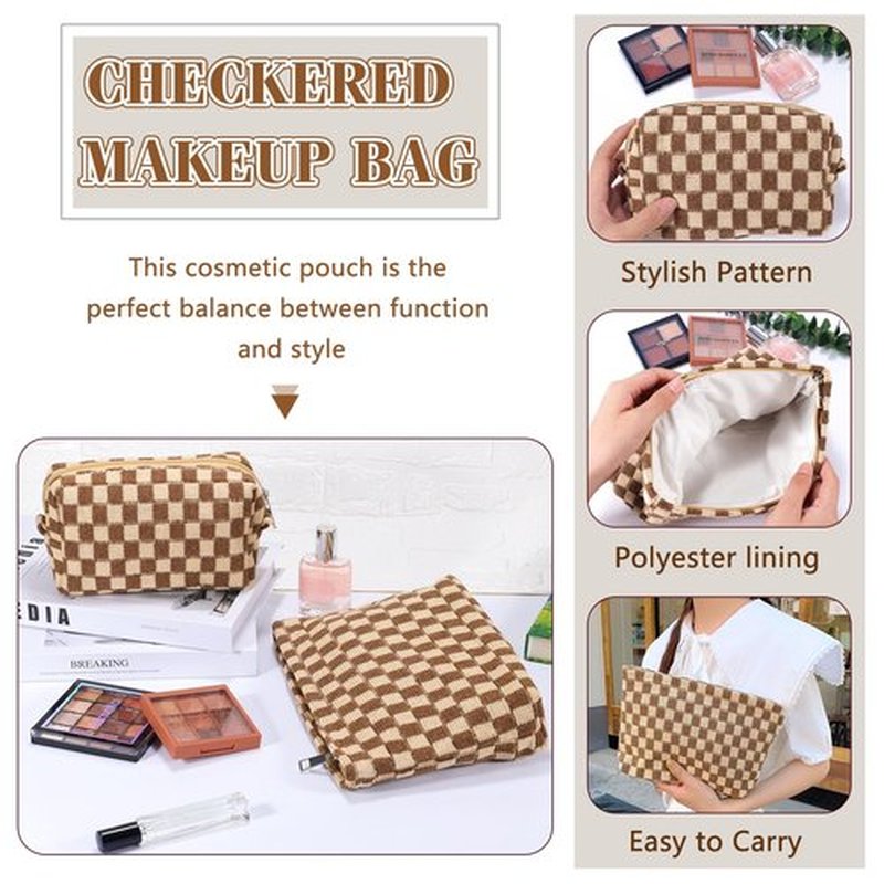 ZLFSRQ 2Pcs Checkered Makeup Bag for Women Large Cosmetic Bag Set Travel Toiletry Bag Makeup Pouch Bag for Purse Brown Zipper Storage Bag Organizer Cute Small Aesthetic Girls Car Essentials Bag