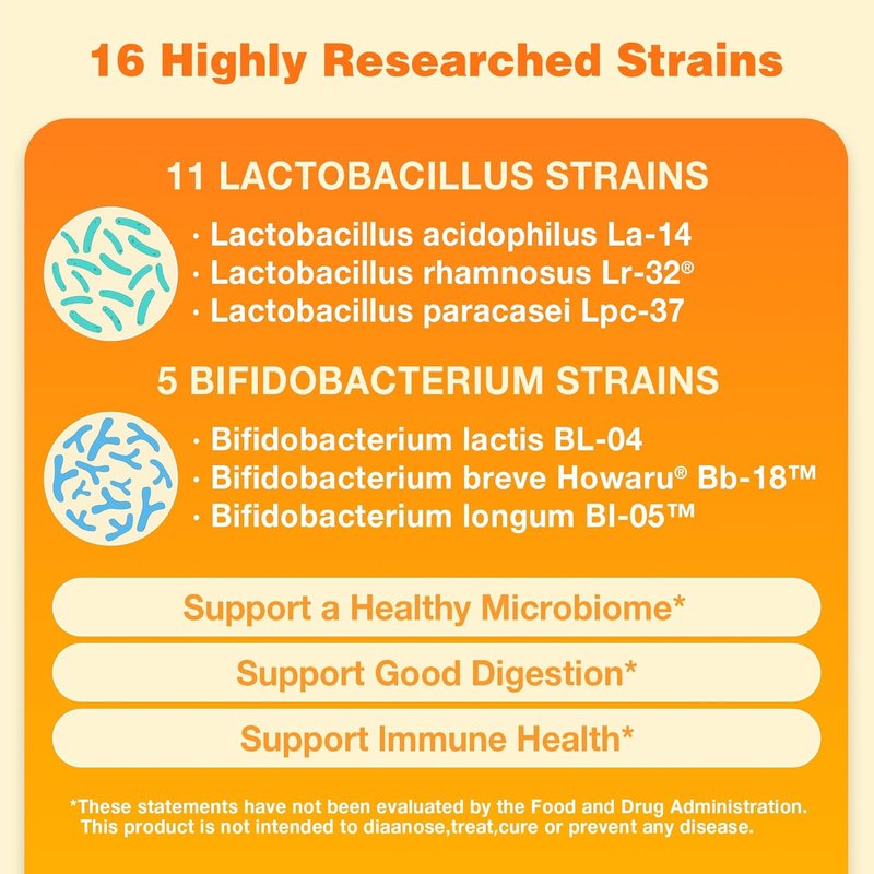 Probiotic 16 - 20 Billion CFU, 16 Strains & Prebiotic Fiber | Digestive & Immune Support, 120 Veggie Capsules