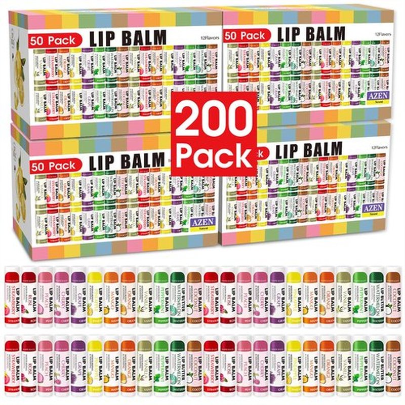 AZEN 200 Pack Lip Balm, Natural Lip Balm Bulk, Lip Care Product, Moisturizing Lip Balm for dry cracked lips - 12 Flavors