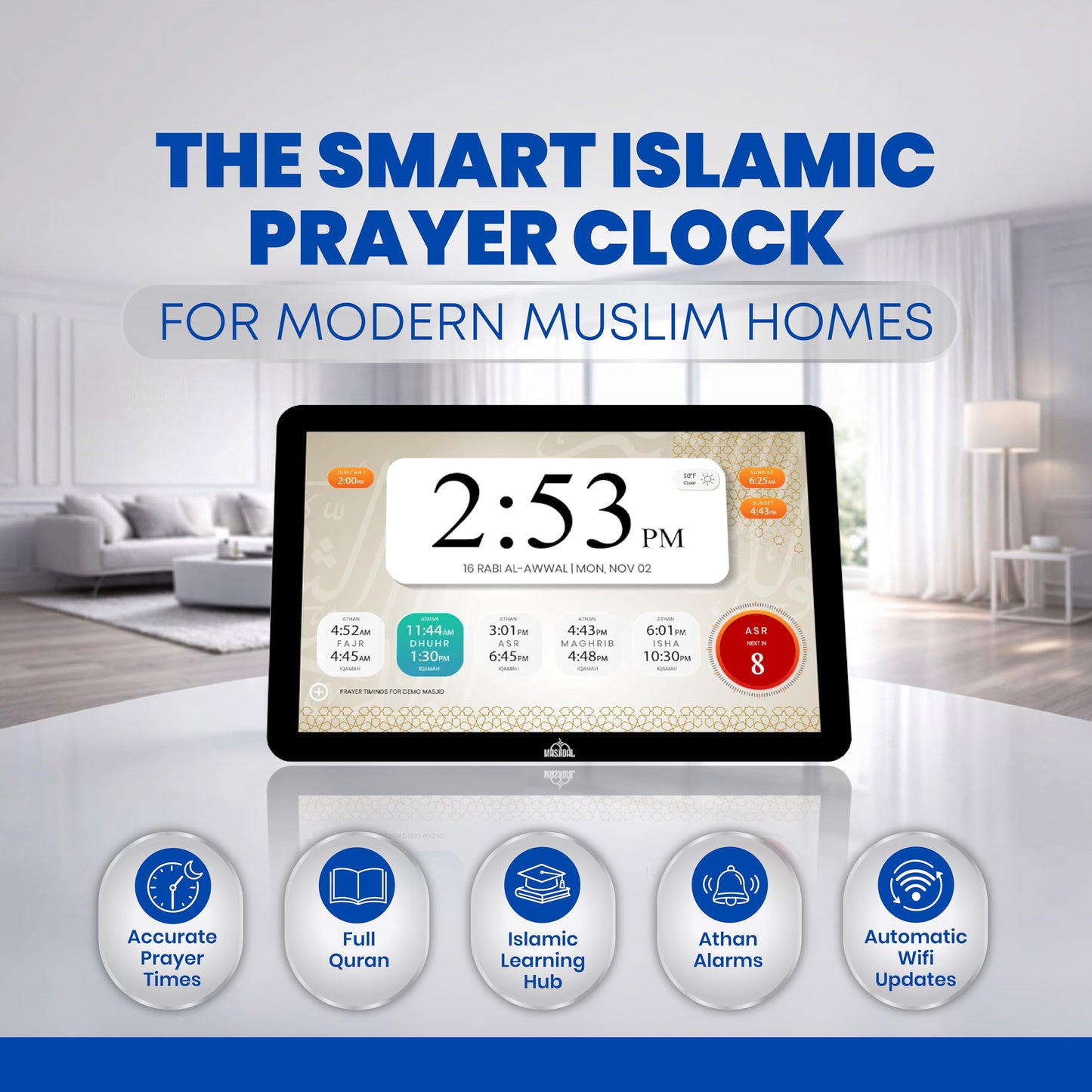 Masjidal 10" Smart WiFi Digital Azan Clock & Islamic Prayer Frame – Automatic Worldwide Prayer & Iqamah Times, Full Quran Player, Athan Alarm, Ramadan Clock, Touchscreen Muslim Home Display, Black