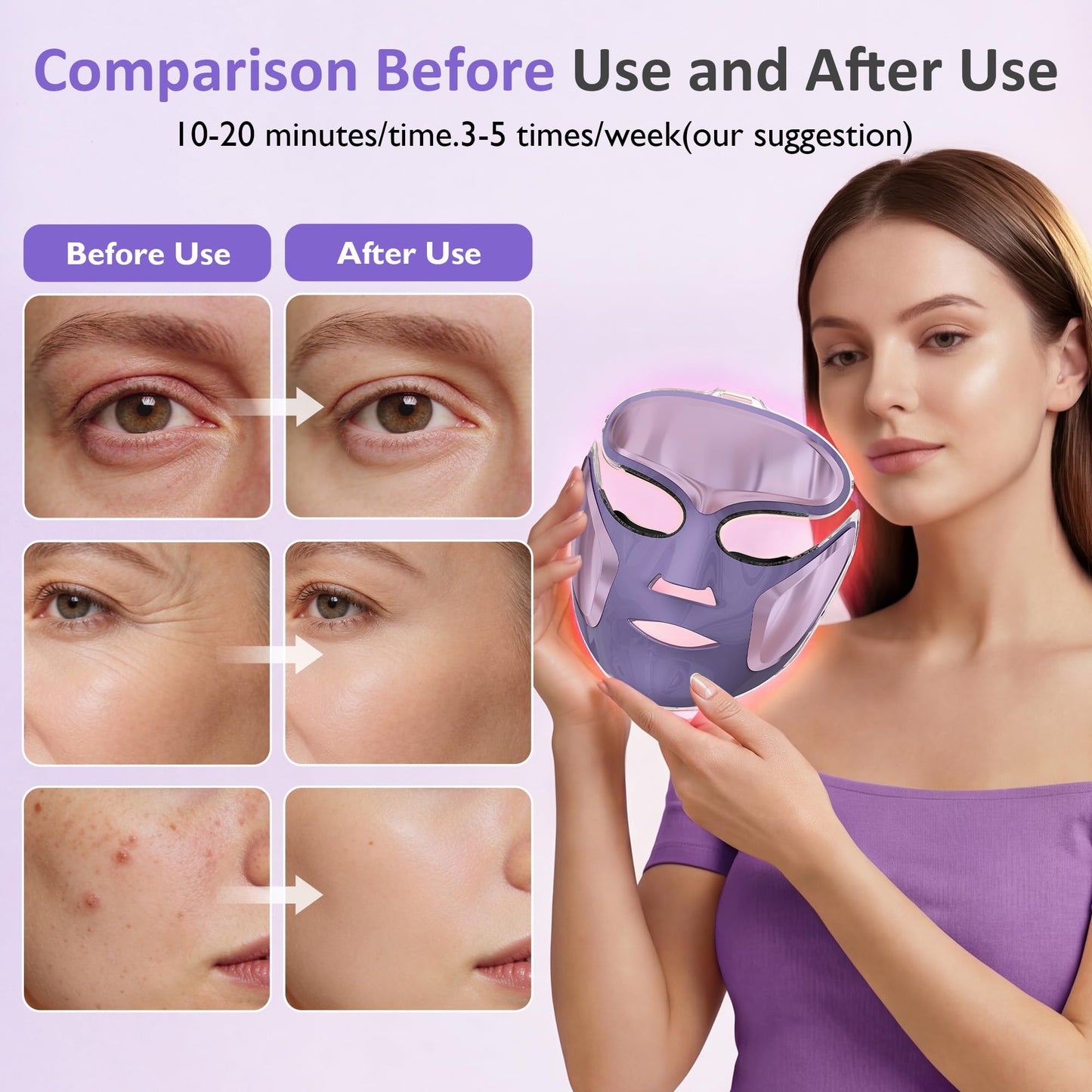 SUNVIVIPRO LED Face Mask Red Light Therapy for Face, Blue Light Acne Care, 210 LED Facial Mask with Eye Heat, Electric Face Mask with Holding Stand for Home Skincare, Purple Beauty Device