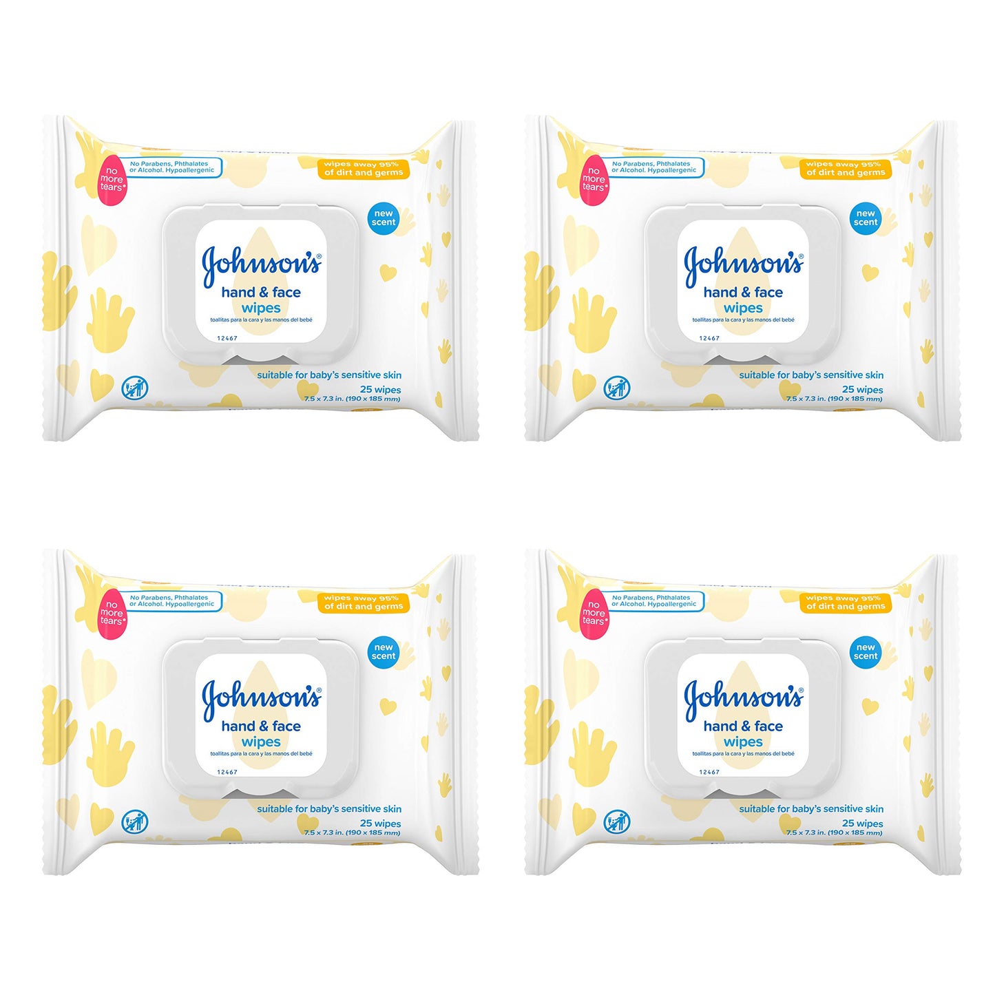 Johnson's Baby Hand & Face Baby Sanitizing Cleansing Wipes for Travel and On-The-Go, No More Tears Formula, Paraben and Alcohol Free, 25 ct, Case of 4