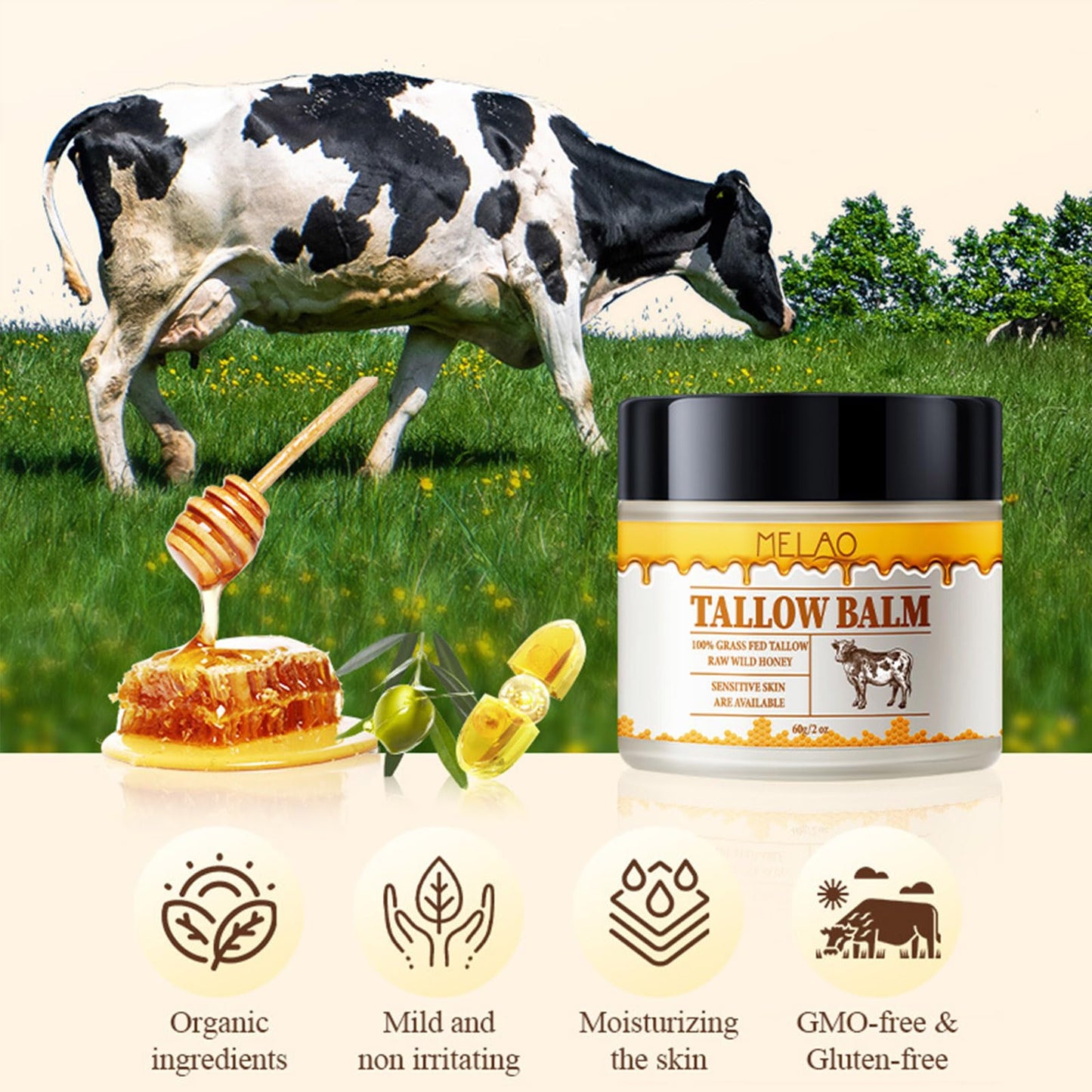 gcdat Whipped Beef Tallow and Honey Balm, Grass Fed Grass Finished Face Cream for All Skin Types - Grass-Fed Beef Tallow & Raw Wild Honey Blend - All-Natural Moisturizer for Face & Body, 2 OZ