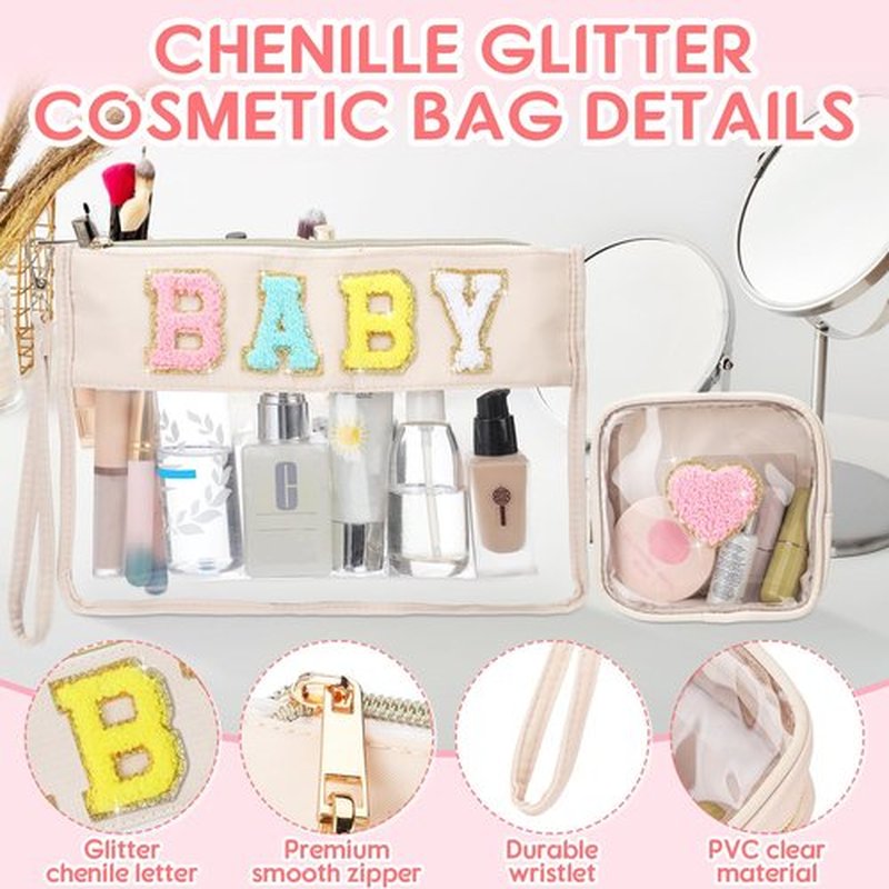 Hillban 2 Pcs Baby Bag Set Chenille Letter Bags Preppy Patch Makeup Bag Baby Travel Bags Waterproof Portable Toiletry Storage Bag for Women Mom (Baby Theme)