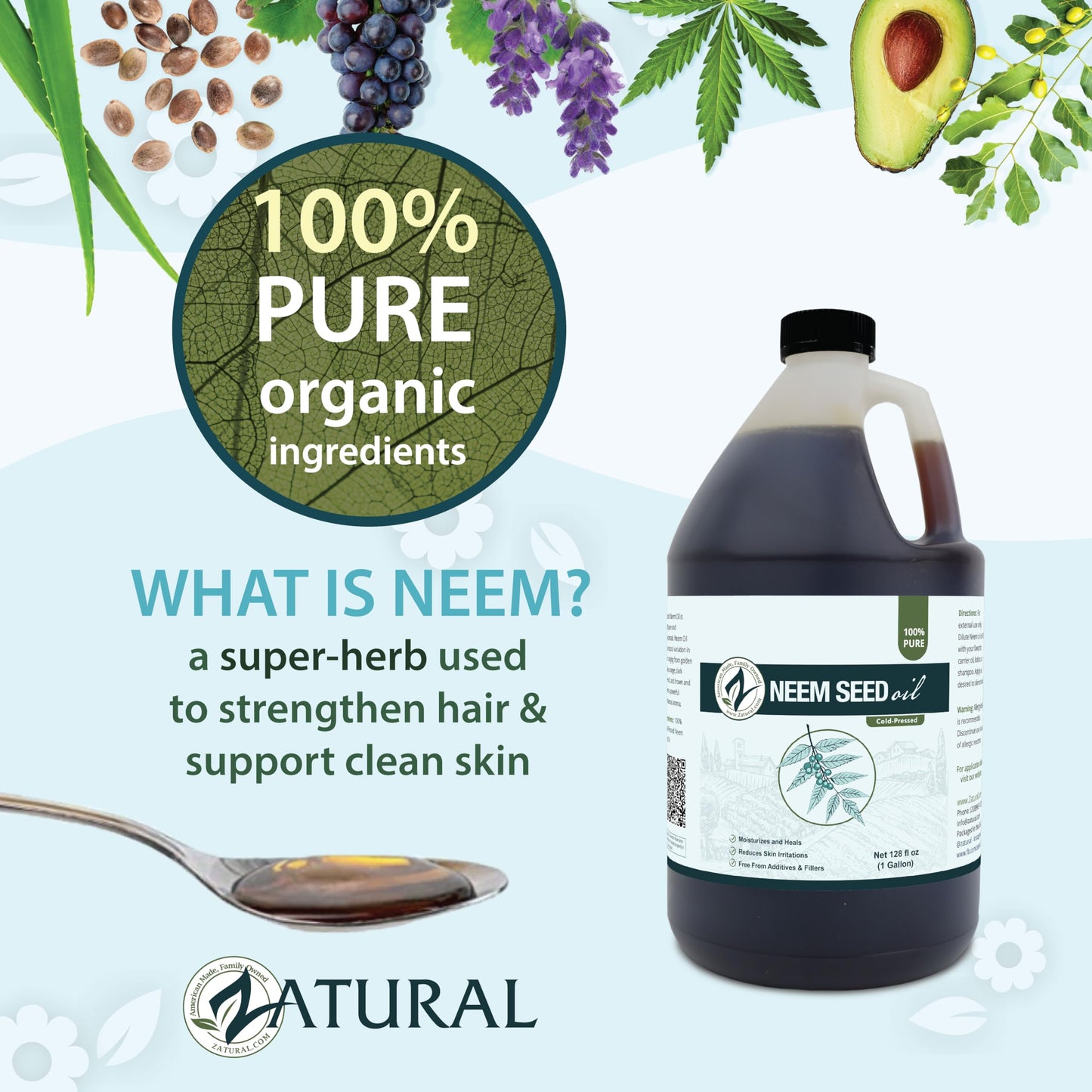 Zatural 100% Pure Neem Seed Oil | Cold Pressed, Undiluted Natural Oil for Skin Conditioning, Hair Moisture & Botanical Blending (128 Fl Oz)