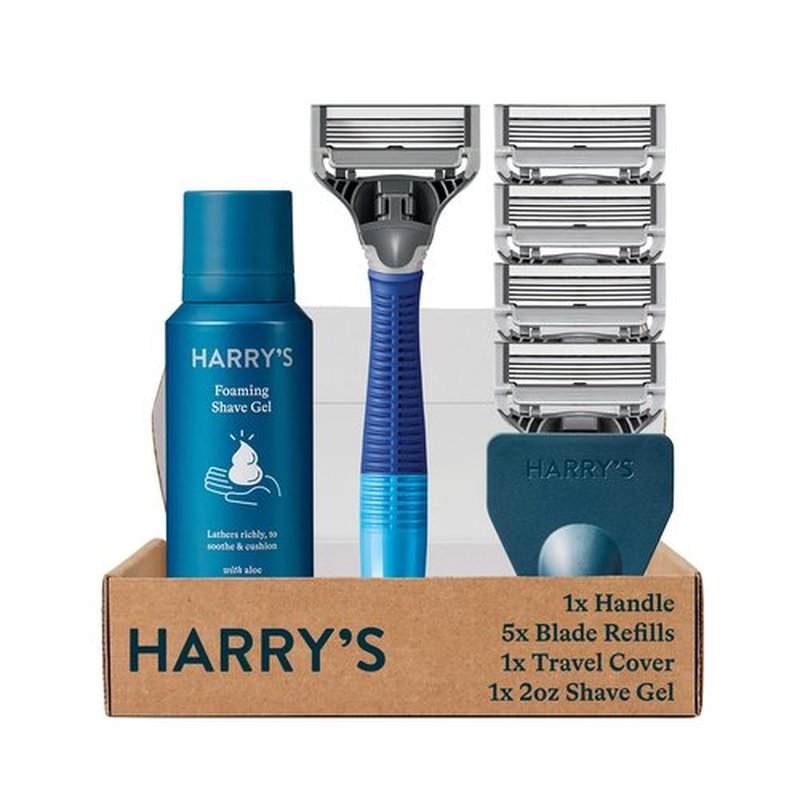 Harry's Razors for Men - Men's Razor Set with 5 Razor Blade Refills, Travel Blade Cover, 2 oz Shave Gel (Ocean Blue)