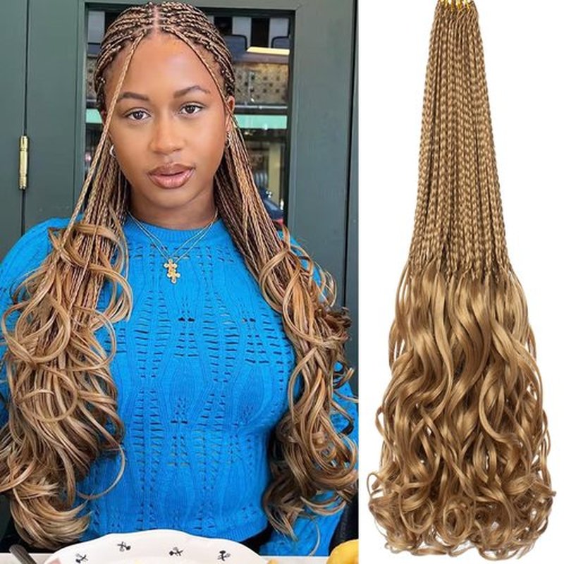 COOKOO 9 Packs Blonde French Curl Crochet Braids 18 Inch Box Braids Crochet Hair with Curly Ends Pre Looped French Curly Braiding Hair Goddess Box Braid Synthetic Hair Extensions 27#