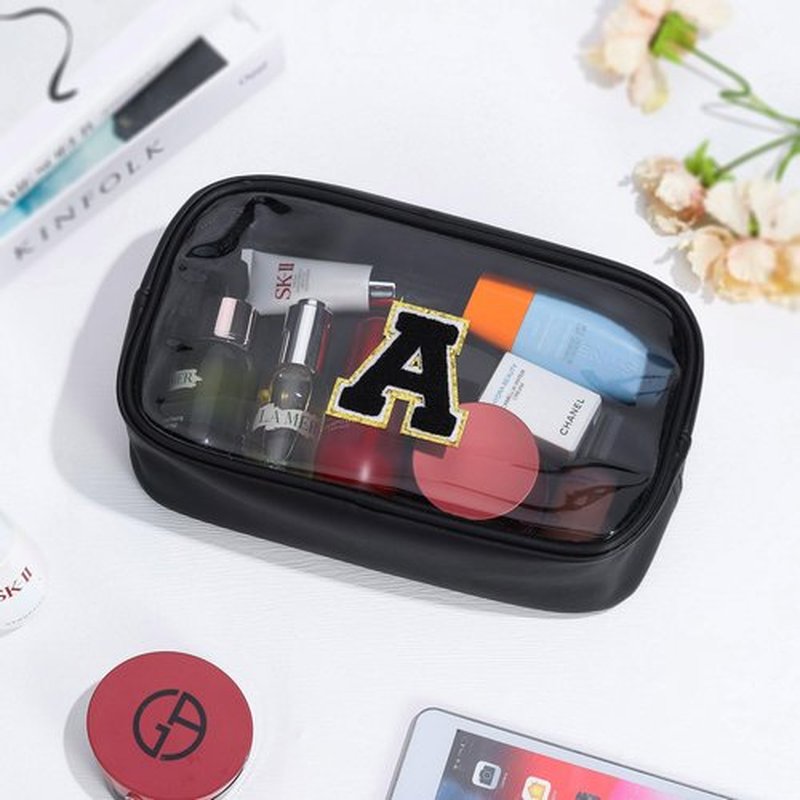 YOOLIFE Initial Make Up Bag Travel Toiletry Bag for Women, Clear Makeup Bag Organizer Cosmetic Bags Travel Essentials Gifts for Women Teen Girlfriend Teacher Mom Brithday Mothers Day Gifts Black A