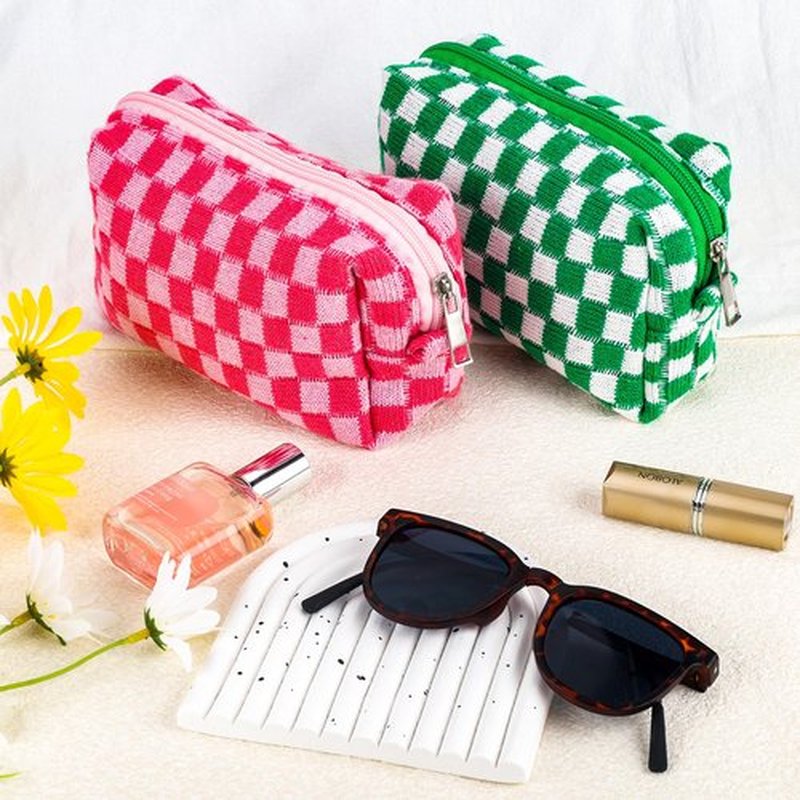 ZLFSRQ 2Pcs Checkered Makeup Bag for Women Medium Travel Cosmetic Bag Makeup Pouch for Purse Zipper Toiletry Bag Organizer Cute Y2K Aesthetic Trendy Adults Makeup Brushes Storage Case(Pink/Green)