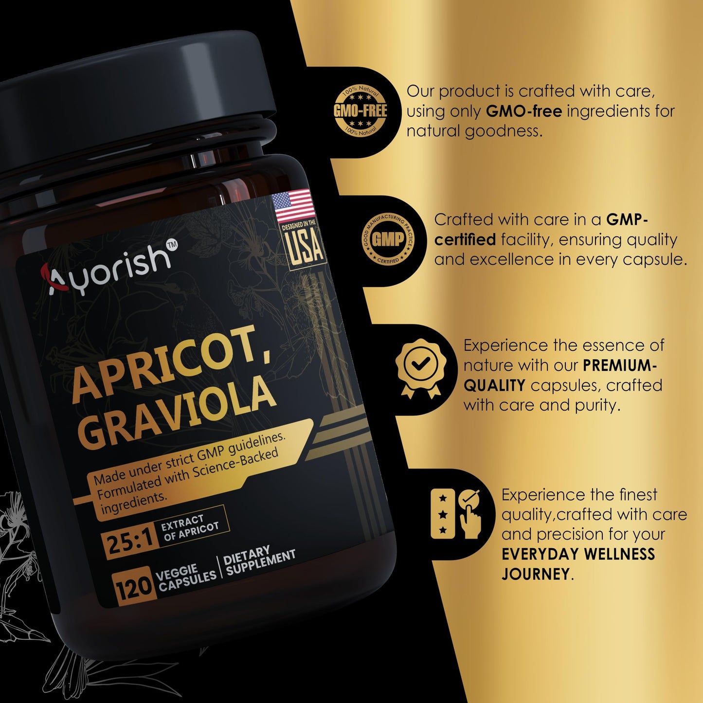 Ayorish Apricot 500 mg with Soursop Graviola Extract Capsule - 120 Veggie Capsules 60 Servings Non-GMO, Vegan