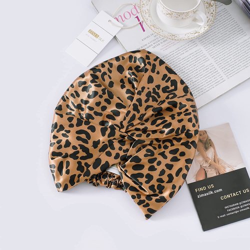 ZIMASILK 22 Momme 100% Mulberry Silk Bonnet for Sleeping & Women Hair Care, Highest Grade 6A Silk hair wrap for sleeping with Premium Elastic Stay On Head (1Pc, Leopard Black/Golden)