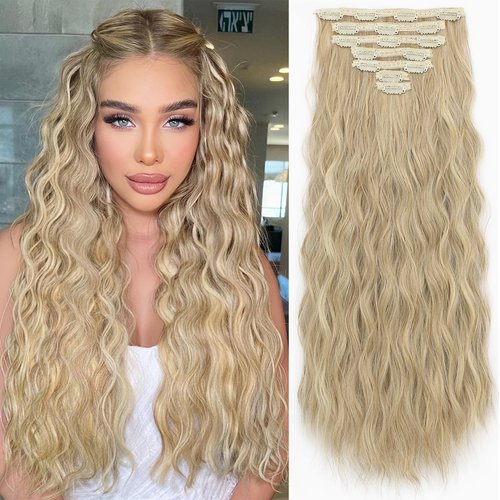 KooKaStyle Hair Extensions, 7PCS Clip in Long Mermaid Wavy Hair Extensions Thick Natural Hairpieces Double Weft for Women Full Head (20 Inch, Dirty Blonde)