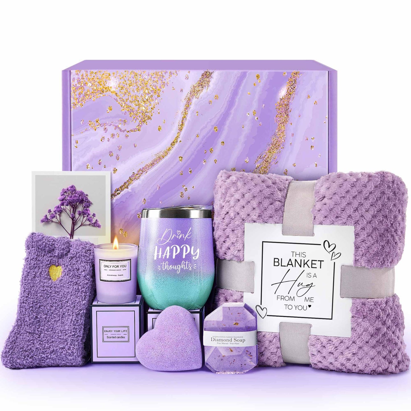 LE CADEAU Birthday Gifts for Women Mom Sister Grandma Best Friends Her, Self Care Get Well Soon Gifts, Lavender Relaxing Spa Gift Baskets Care Package w/Blanket, Mothers Day Christmas Thank You Gift