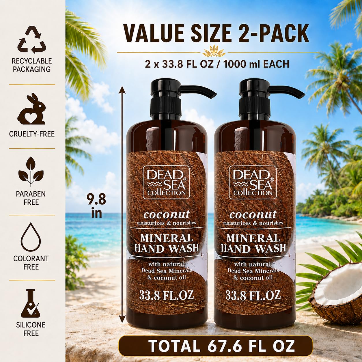 Dead Sea Collection Hand Soap Pump Coconut - Hand Wash Liquid with Dead Sea Minerals and Coconut Oil - All Skin Types Moisturizing & Nourishing - Pack of 2 (33.8 Fl Oz Each) - 67.6 Fl Oz