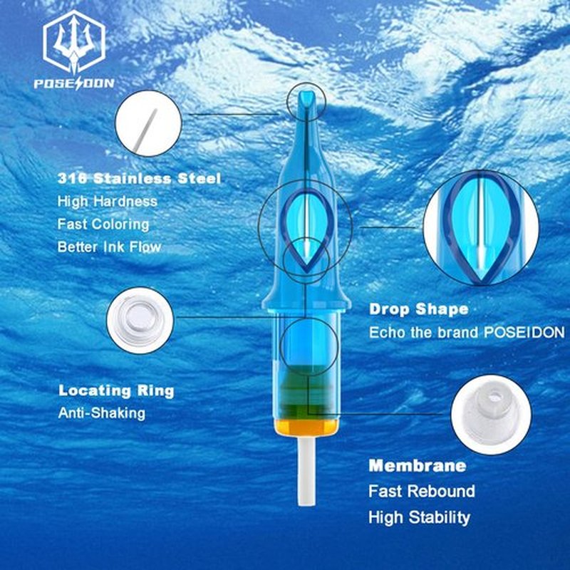 POSEIDON V3 Tattoo Cartridge Needles 50PCS Mixed Size Steriled Needles with Membrane Safety Cartridges-1203RS, 1205RS, 1207RS, 1209RS, 1211RS