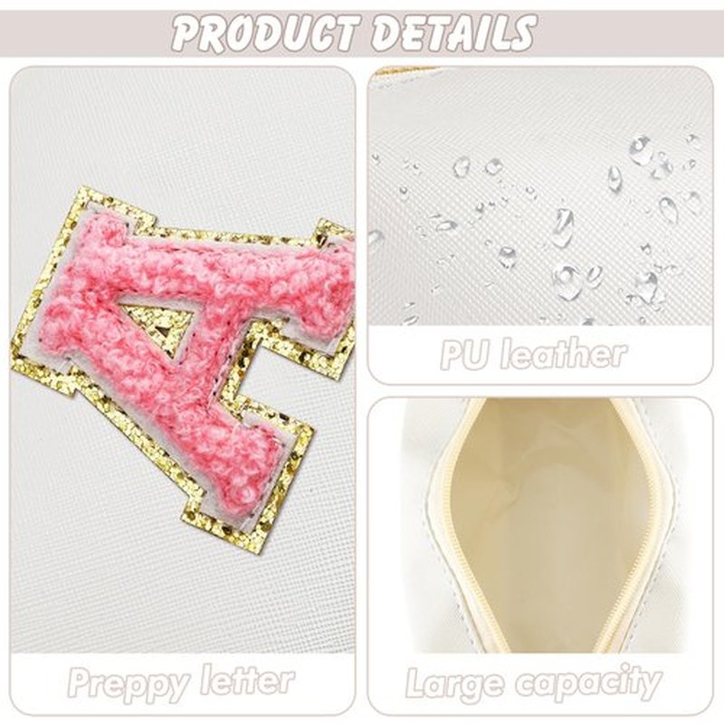 URSKYTOUS Initial Makeup Bag Personalized Preppy Travel Small Cosmetic Bag Cute PU White Chenille Letter Makeup Pouch for Purse Waterproof Zippered Toiletry Organizer for Women Girls Kids Friends (A)
