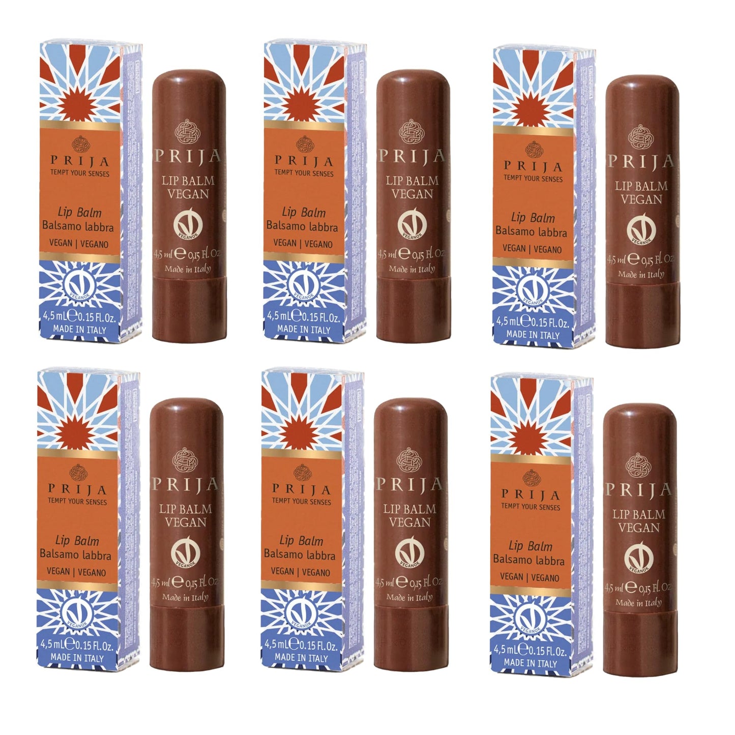 Prija Vegan Lip Balm with Jojoba Oil, Shea Butter and Sunflower Wax, Pampers your Lips Naturally, Hydrating Lip Balm Stick 6 x 4.5ml
