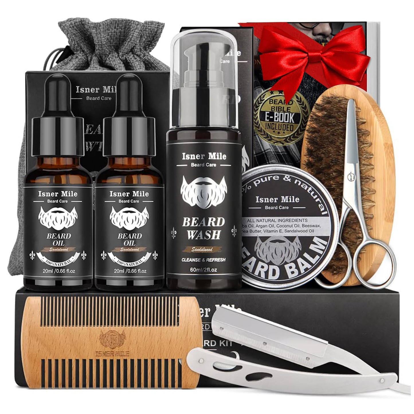 Isner Mile Dad Gifts Fathers Day Husband: from Wife Daughter, Beard Grooming Kit for Men with Beard Oil Balm Wash Brush Comb & Straight Razor, Stocking Stuffers Birthday Gifts for Men Him Boyfriend