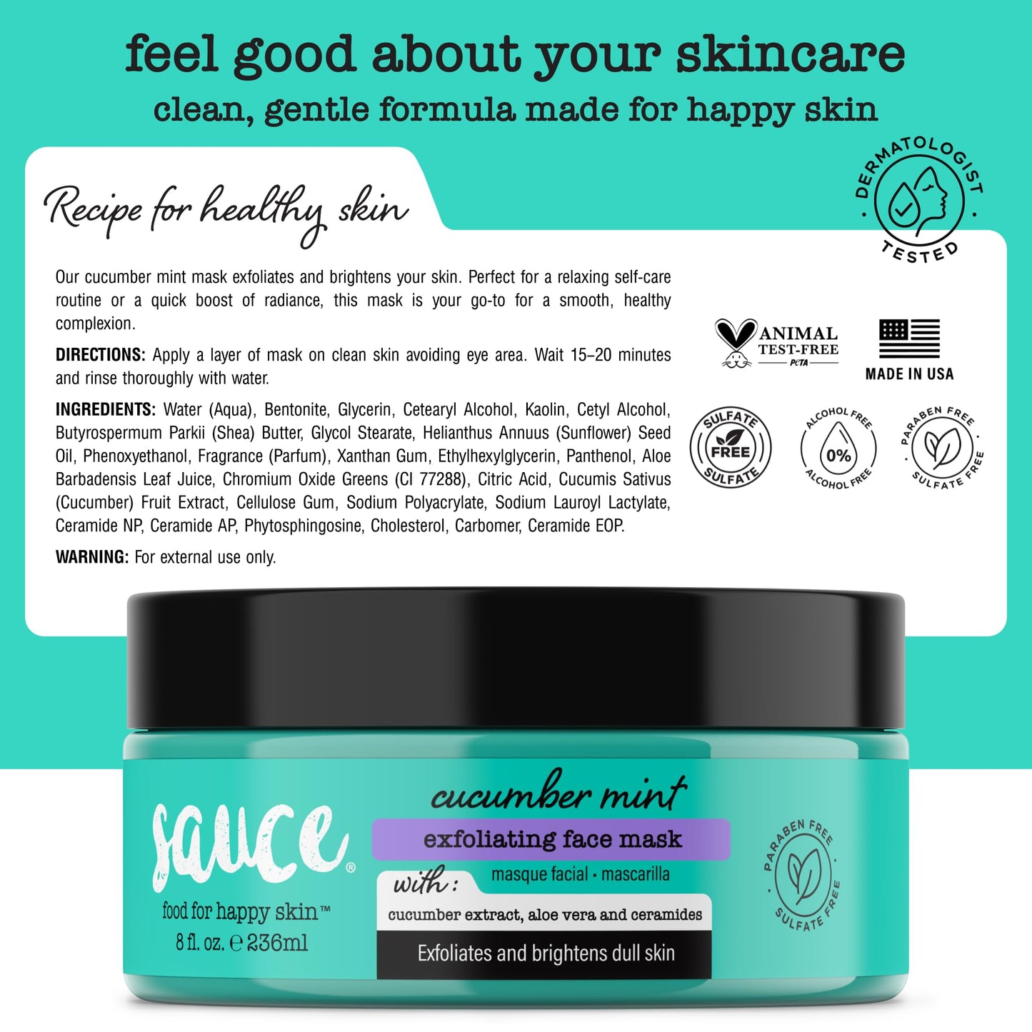 SAUCE Exfoliating Face Mask, Cucumber Mint, 8 Fl Oz