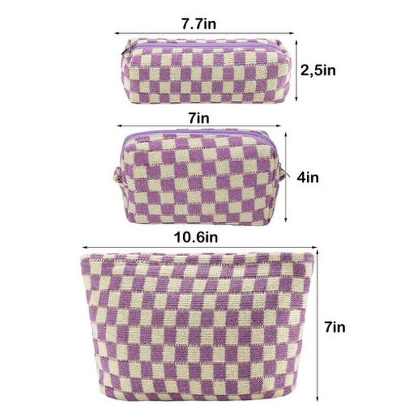 ZLFSRQ 3Pcs Checkered Makeup Bag for Women Large Cosmetic Bag Set Travel Toiletry Bag Makeup Pouch Bag for Purse Purple Zipper Storage Bag Organizer Cute Small Aesthetic Girls Car Essentials Bag