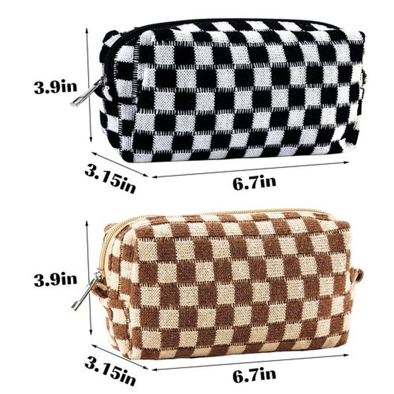 ZLFSRQ 2Pcs Checkered Makeup Bag for Women Medium Travel Cosmetic Bag Makeup Pouch for Purse Zipper Toiletry Bag Organizer Cute Y2K Aesthetic Trendy Adults Makeup Brushes Storage Case(Black/Brown)