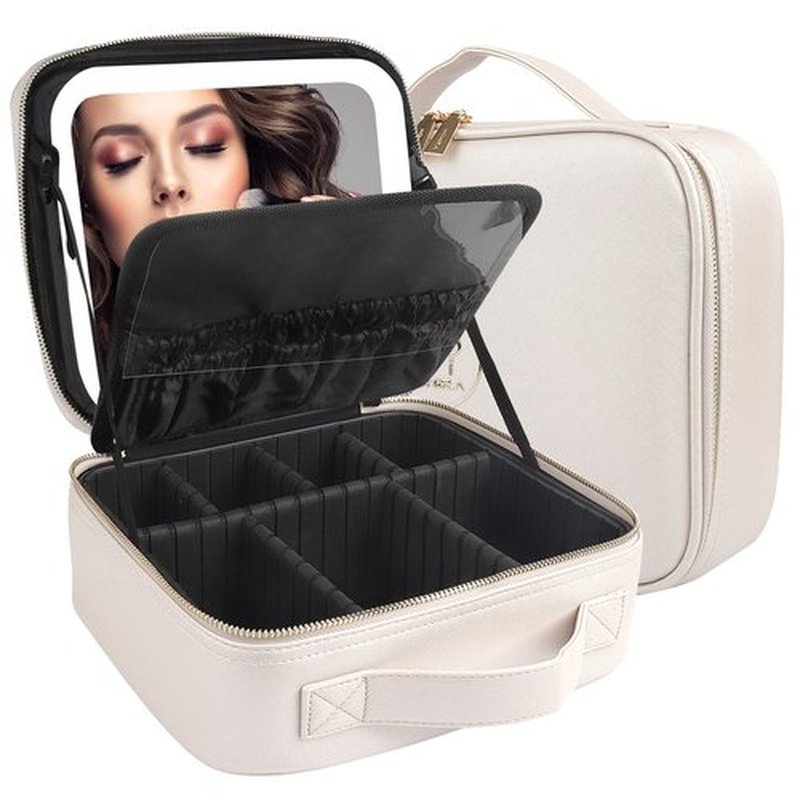 MOMIRA Makeup Bag with Mirror and Light Travel Makeup Train Case Cosmetic Bag Organizer Portable Artist Storage Bag with Adjustable Dividers Makeup Brushes Storage Organizer khaki