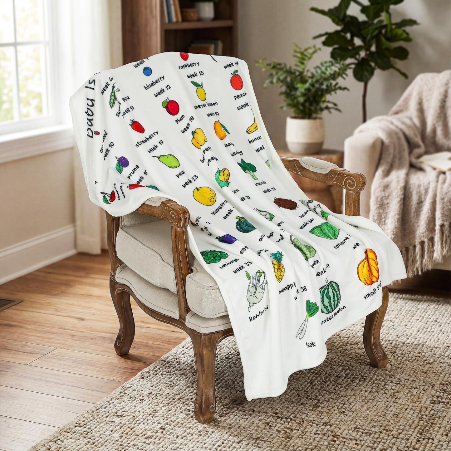 Tegeme Baby Growth Tracker Blanket Weekly Pregnant First Mom Gifts for Expecting Parents Pregnancy Countdown Calendar Week By Week Pregnancy Blanket in Fruit Veg Mother's Day Congration Gift
