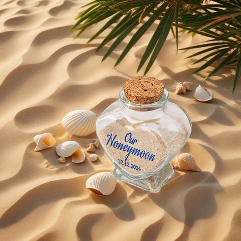 Fornixe Personlized Honeymoon Sand Jar 2024, Heart Shaped Glass Jars with Customised Text Date Custom Sand Bottles Keepsake Jar for Decorations, Wedding Party Favors (Style3)