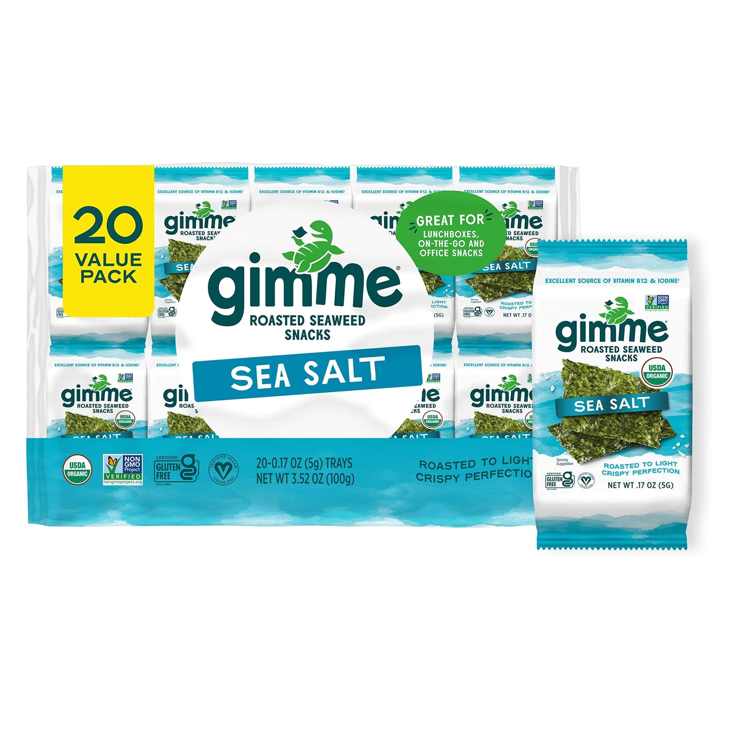 Gimme 20 CT Sea Salt Organic Roasted Seaweed Snacks, 5g, 0.17oz